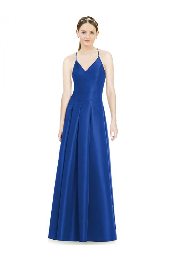 A-Line V-Neck Satin Long Royal Blue Bridesmaid Dress Sydney