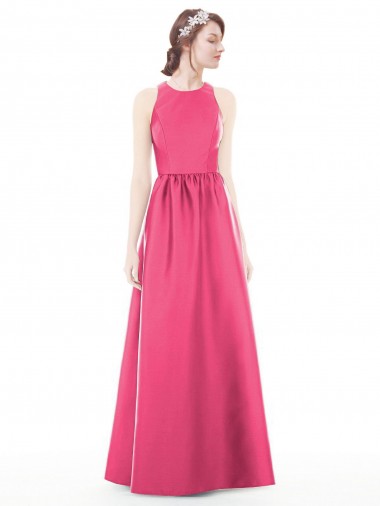 A-Line Jewel Neck Satin Long Ruby Bridesmaid Dress Sydney