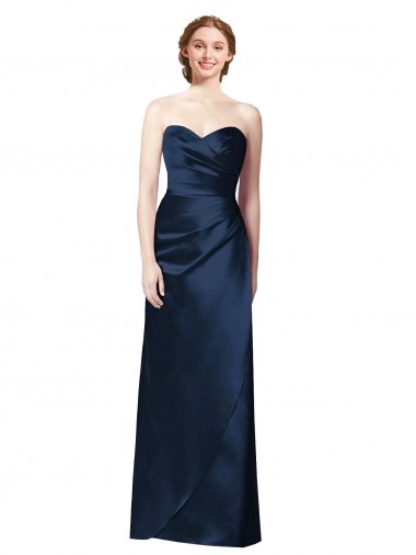 A-Line Strapless Satin Long Dark Navy Bridesmaid Dress Sydney
