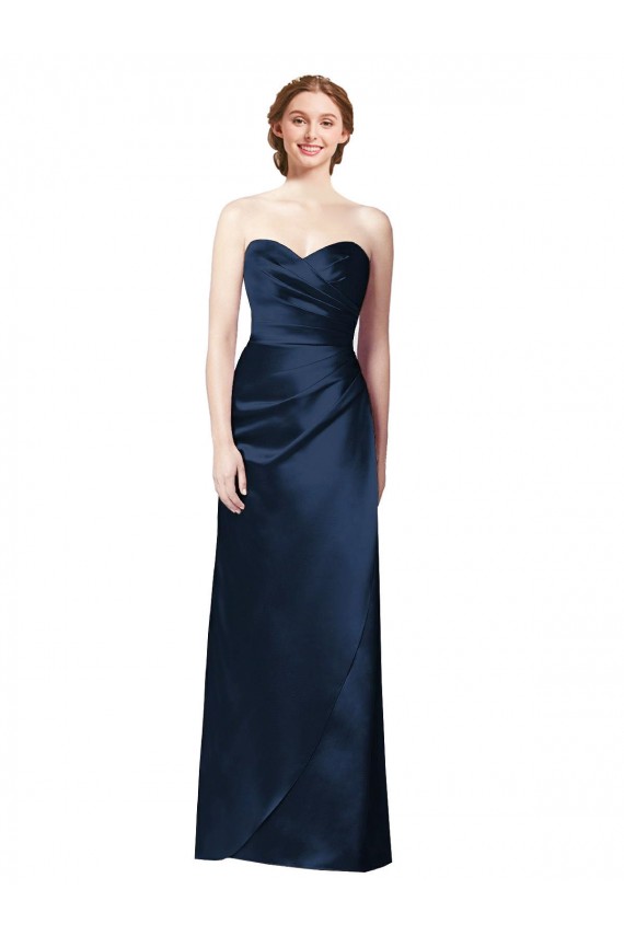 A-Line Strapless Satin Long Dark Navy Bridesmaid Dress Sydney