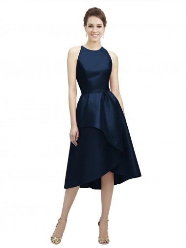 A-Line Jewel Neck Satin Tea Length Dark Navy High Low Bridesmaid Dress Sydney