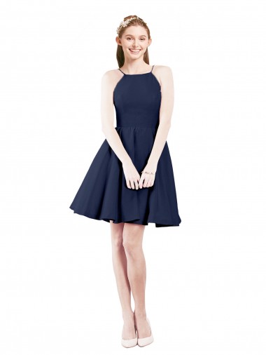 A-Line Halter Neck Satin Knee Length Dark Navy Bridesmaid Dress Sydney