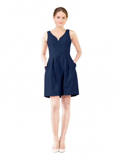 A-Line V-Neck Satin Knee Length Dark Navy Bridesmaid Dress Sydney