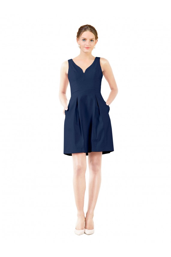 A-Line V-Neck Satin Knee Length Dark Navy Bridesmaid Dress Sydney