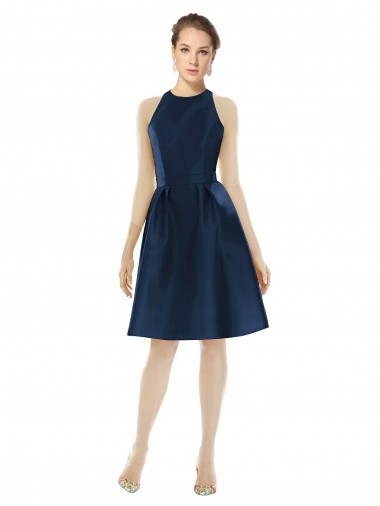 A-Line Halter Neck Satin Cocktail Length Dark Navy Bridesmaid Dress Sydney