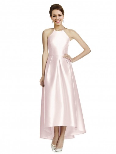 A-Line Halter Neck Satin Long Pink High Low Bridesmaid Dress Sydney