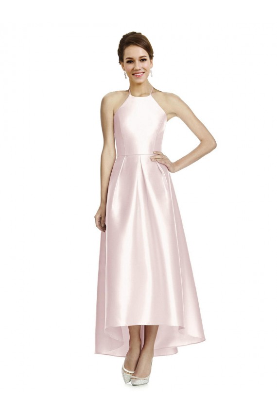 A-Line Halter Neck Satin Long Pink High Low Bridesmaid Dress Sydney