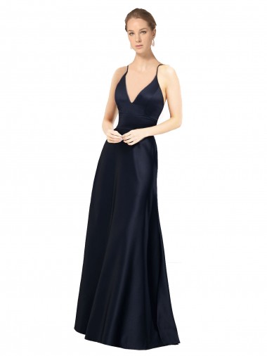 A-Line V-Neck Satin Long Dark Navy Prom Dress / Bridesmaid Dress Sydney