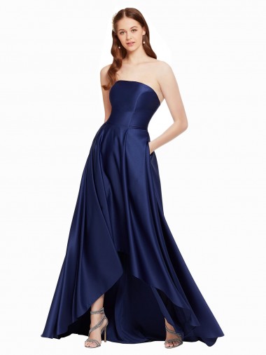A-Line Strapless Satin Long Dark Navy High Low Evening Gown / Prom Dress / Bridesmaid Dress Sydney