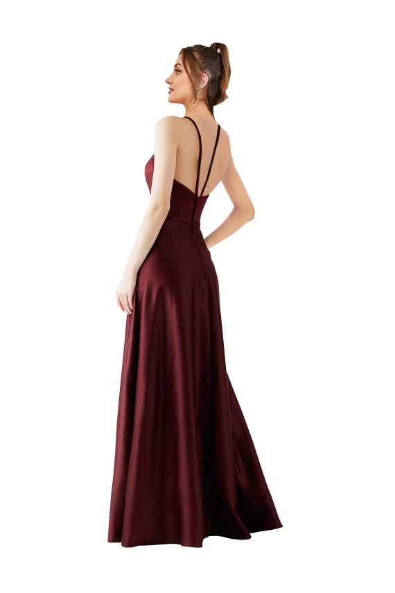 A-Line Halter Neck Satin Long Burgundy Gold Prom Dress / Bridesmaid Dress Sydney