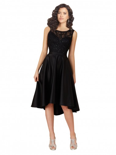 A-Line Illusion Neck Satin & Lace Midi Length Black High Low Bridesmaid Dress Sydney