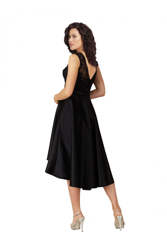 A-Line Illusion Neck Satin & Lace Midi Length Black High Low Bridesmaid Dress Sydney