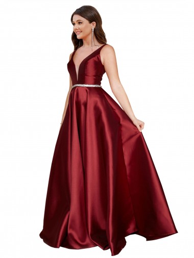A-Line V-Neck Satin Long Burgundy Formal Plus Size Evening Gown / Prom Dress / Bridesmaid Dress Sydney