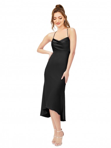 Sheath Cowl Neck Silk like Satin Midi Length Black High Low Evening Gown / Prom Dress / Bridesmaid Dress Sydney