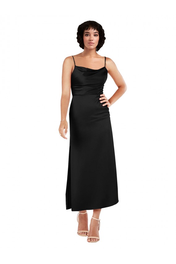 A-Line Cowl Neck Silk like Satin Tea Length Black Formal Evening Gown / Prom Dress / Bridesmaid Dress Sydney