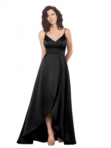 A-Line V-Neck Silk like Satin Long Black High Low Evening Gown / Prom Dress / Bridesmaid Dress Sydney