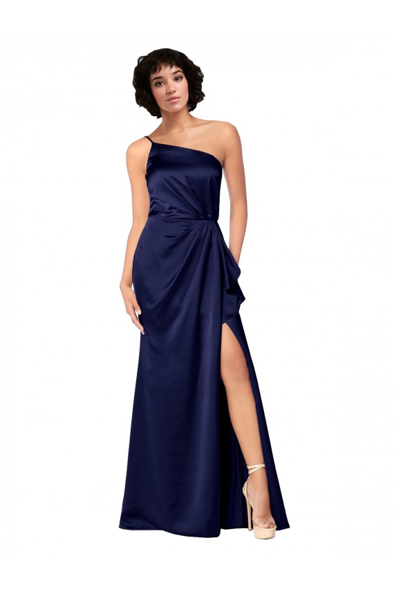 A-Line One Shoulder Silk like Satin Long Sapphire Black Tie Evening Gown / Prom Dress / Bridesmaid Dress Sydney