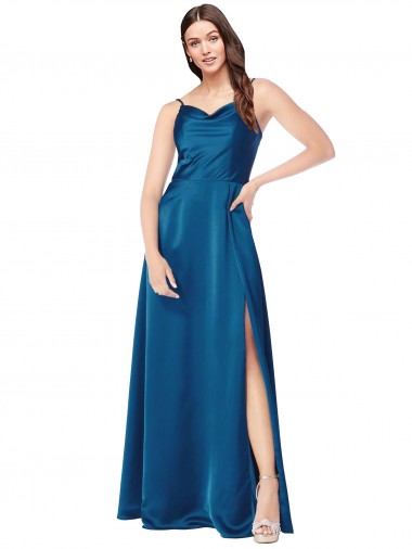 A-Line Cowl Neck Silk like Satin Long Peacock Blue Formal Evening Gown / Prom Dress / Bridesmaid Dress Sydney