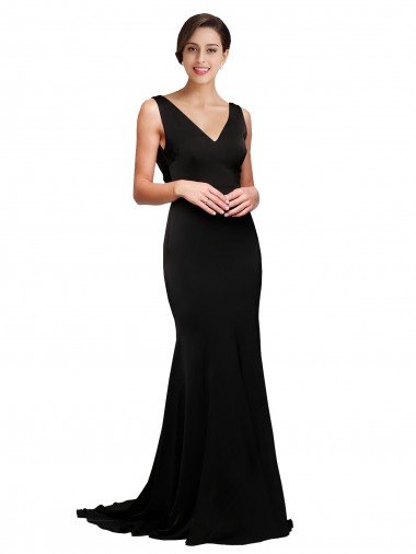 A-Line V-Neck Silk like Satin Sweep Train Black Formal Evening Gown / Prom Dress / Bridesmaid Dress Sydney