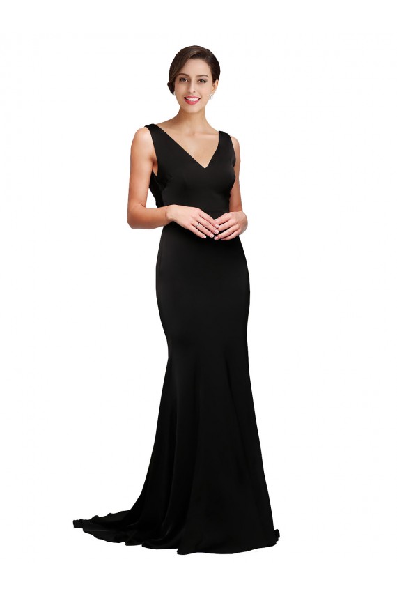 A-Line V-Neck Silk like Satin Sweep Train Black Formal Evening Gown / Prom Dress / Bridesmaid Dress Sydney