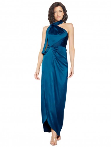 Sheath High Neck Silk like Satin Long Peacock Blue Formal Evening Gown / Prom Dress / Bridesmaid Dress Sydney