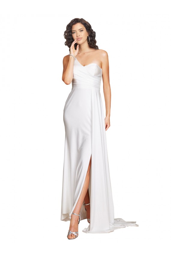 A-Line One Shoulder Silk like Satin Long White Wedding Dress Sydney