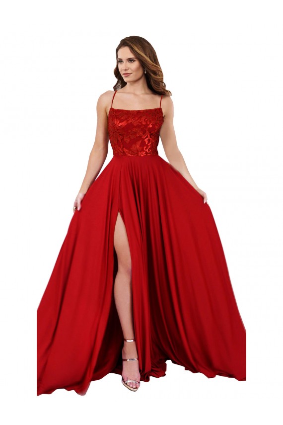 A-Line Square Neck Spandex & Lace Long Red Semi Formal Evening Dress / Prom Dress / Bridesmaid Dress Sydney
