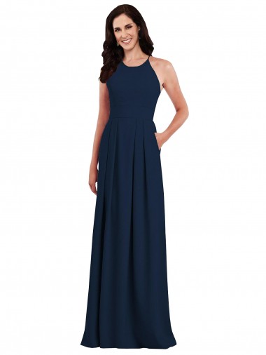 Trumpet Halter Neck Stretch Crepe Long Dark Navy Semi Formal Evening Dress / Bridesmaid Dress Sydney