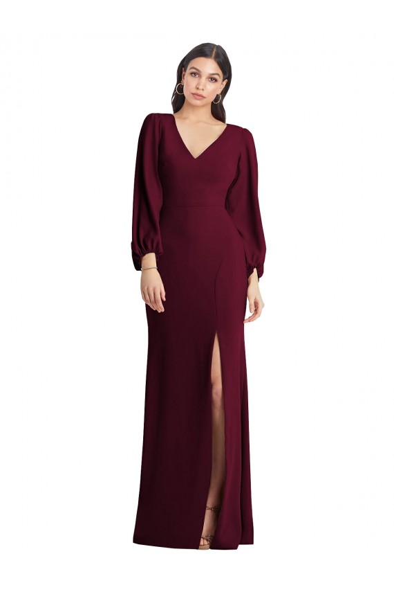 Trumpet V-Neck Stretch Crepe Long Burgundy Gold Semi Formal Evening Dress / Prom Dress / Bridesmaid Dress Sydney