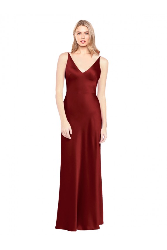 A-Line V-Neck Stretch Satin Long Burgundy Formal Evening Gown / Prom Dress / Bridesmaid Dress Sydney