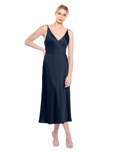A-Line V-Neck Stretch Satin Midi Length Dark Navy Formal Evening Gown / Prom Dress / Bridesmaid Dress Sydney