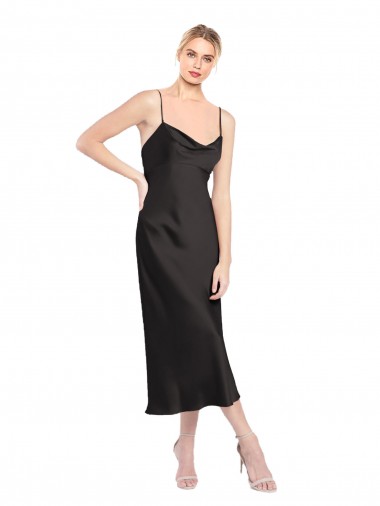 A-Line Cowl Neck Stretch Satin Midi Length Black Formal Evening Gown / Prom Dress / Bridesmaid Dress Sydney