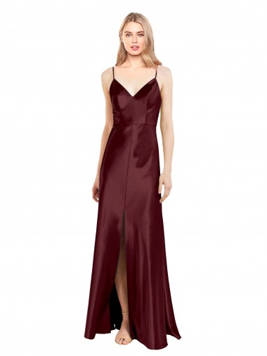 A-Line V-Neck Stretch Satin Long Burgundy Gold Bridesmaid Dress / Evening Dress Sydney
