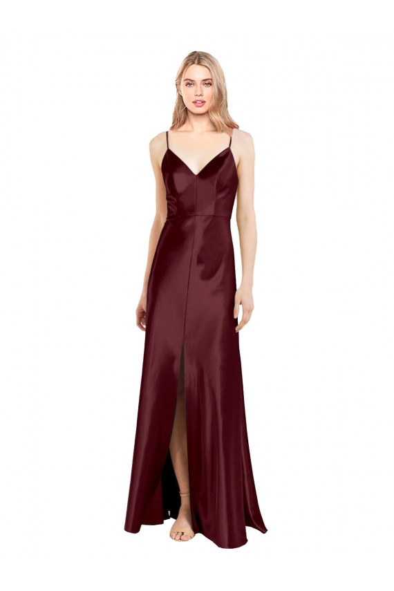 A-Line V-Neck Stretch Satin Long Burgundy Gold Bridesmaid Dress / Evening Dress Sydney