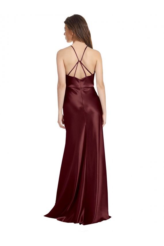A-Line V-Neck Stretch Satin Long Burgundy Gold Formal Evening Gown / Prom Dress / Bridesmaid Dress Sydney