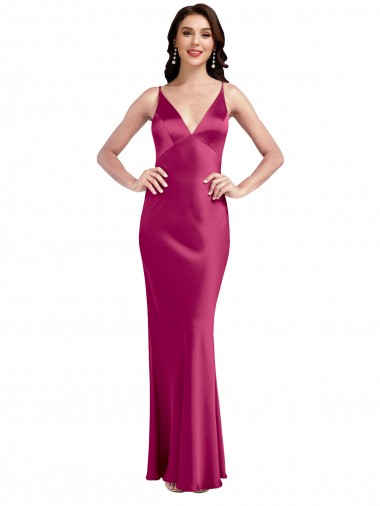 A-Line V-Neck Stretch Satin Long Fuchsia Formal Evening Gown / Prom Dress / Bridesmaid Dress Sydney