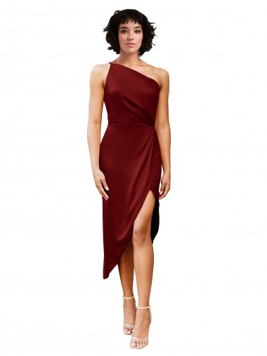 Sheath One Shoulder Stretch Satin Midi Length Burgundy Black Tie Evening Gown / Prom Dress / Bridesmaid Dress Sydney