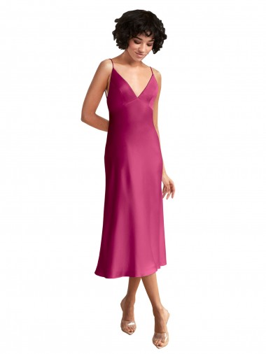 A-Line V-Neck Stretch Satin Midi Length Fuchsia Formal Evening Gown / Prom Dress / Bridesmaid Dress Sydney