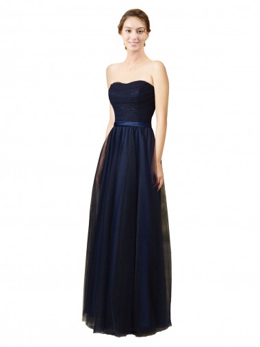 A-Line Strapless Tulle Long Dark Navy Bridesmaid Dress Sydney