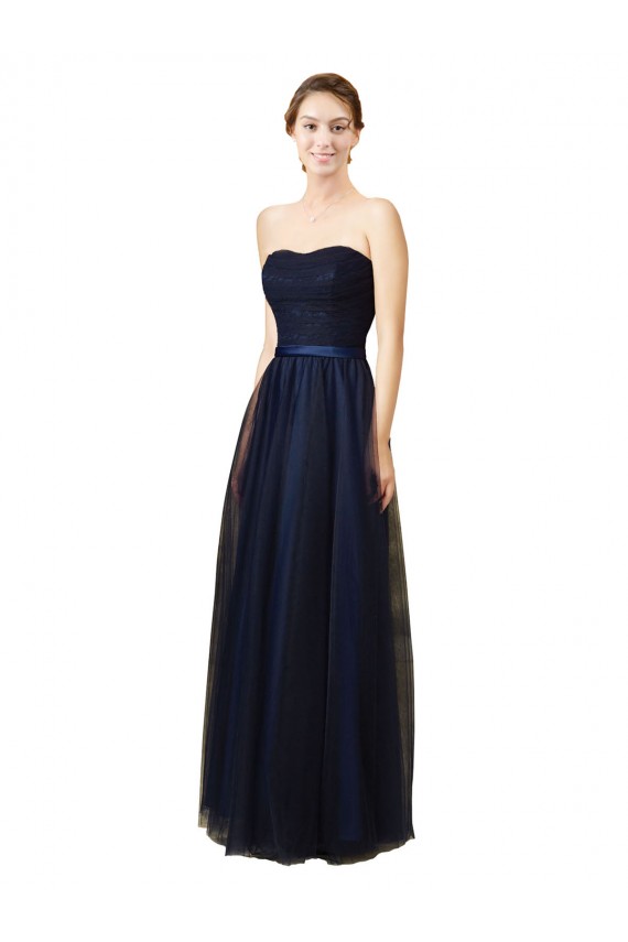 A-Line Strapless Tulle Long Dark Navy Bridesmaid Dress Sydney