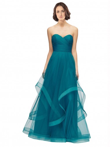 A-Line Strapless Tulle Long Turquoise Bridesmaid Dress Sydney