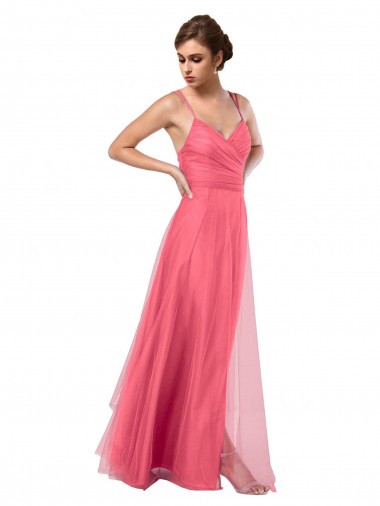 A-Line Spaghetti Straps Tulle Long Watermelon Bridesmaid Dress Sydney
