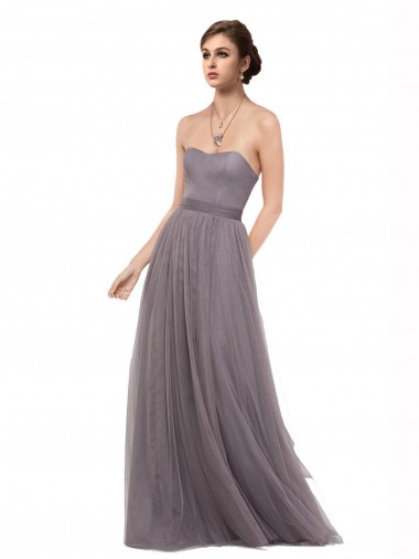A-Line Spaghetti Straps Tulle Long Pewter Bridesmaid Dress Sydney