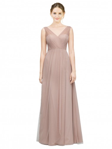 A-Line V-Neck Tulle Long Blush Bridesmaid Dress Sydney