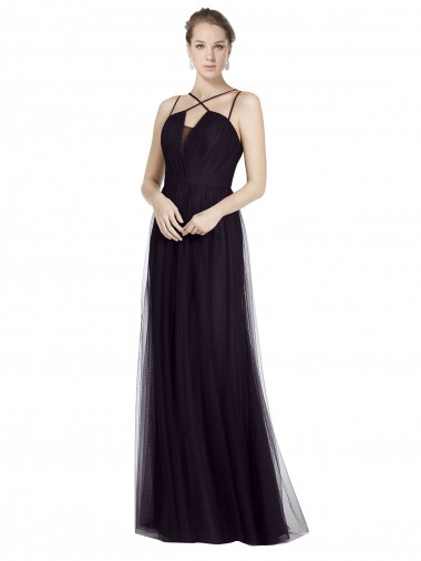 A-Line High Neck Tulle Long Black Bridesmaid Dress Sydney
