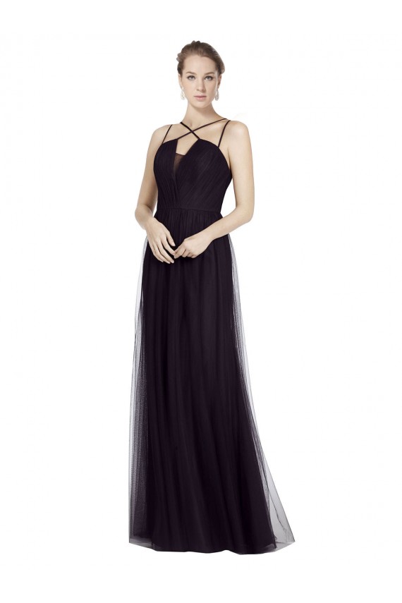A-Line High Neck Tulle Long Black Bridesmaid Dress Sydney