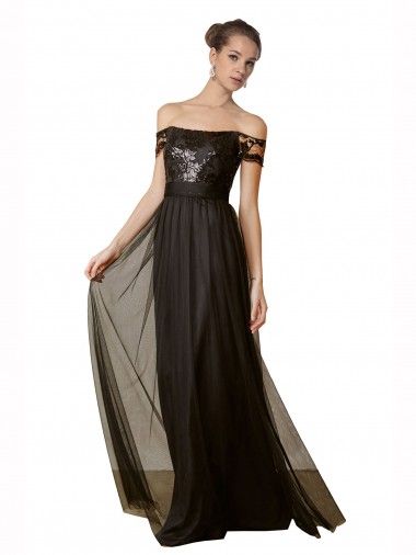 A-Line Off the Shoulder Tulle & Sequin Long Black Bridesmaid Dress Sydney