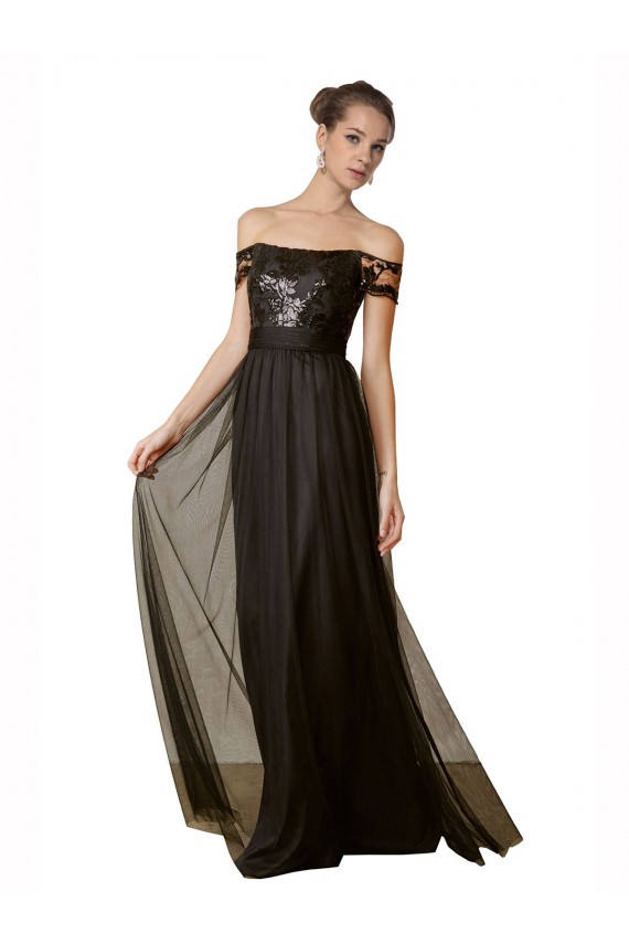 A-Line Off the Shoulder Tulle & Sequin Long Black Bridesmaid Dress Sydney