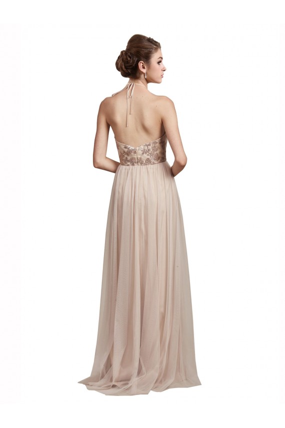 A-Line Halter Neck Tulle Long Nude Bridesmaid Dress Sydney