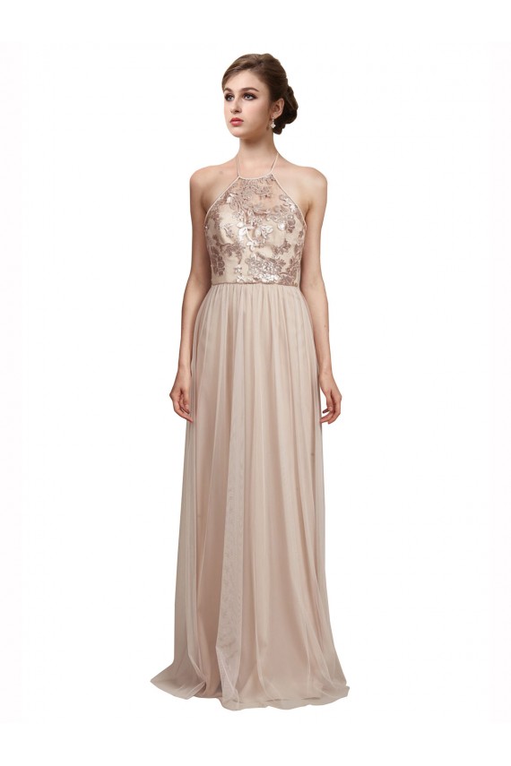 A-Line Halter Neck Tulle Long Nude Bridesmaid Dress Sydney
